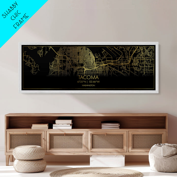 Tacoma Washington City street map, Panoramic art, black and gold, Metallic Gold Print, Metal Art, real wood frames, Map Print Poster