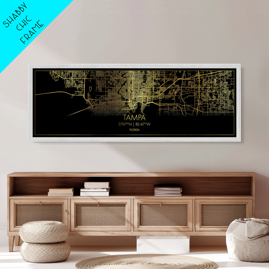 Tampa Florida map, Panoramic art, black and gold, Metallic Gold Print, Metal Art, real wood frames, Best Friend Gifts, Street Map Art