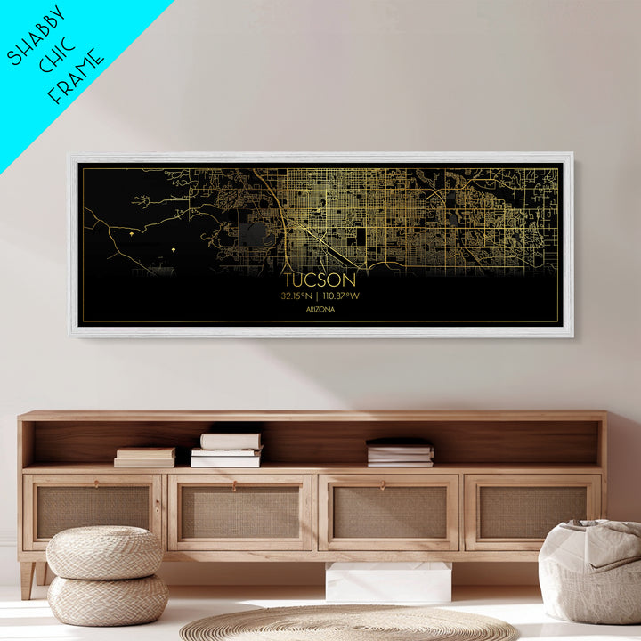 Tucson Arizona City street map, Panoramic art, black and gold, Metallic Gold Print, Metal Art, real wood frames, Housewarming Gift