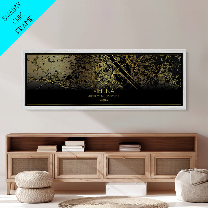 Vienna Austria City street map, Panoramic art, black and gold, Metallic Gold Print, Metal Art, real wood frames, Street Map Art, Wall Art