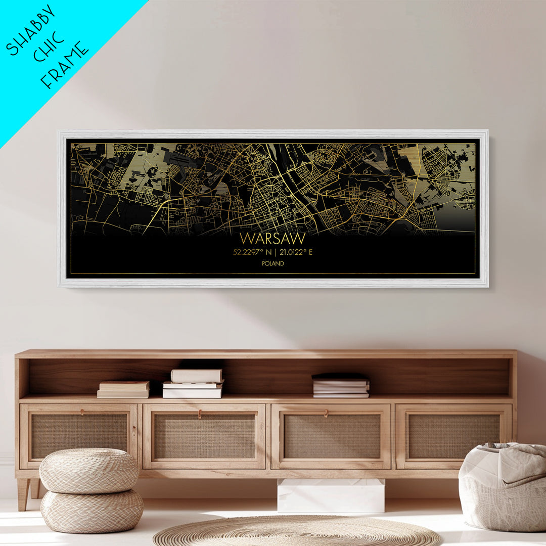 Warsaw Poland City street map, Panoramic art, black and gold, Metallic Gold Print, Metal Art, real wood frames, College Dorm Décor