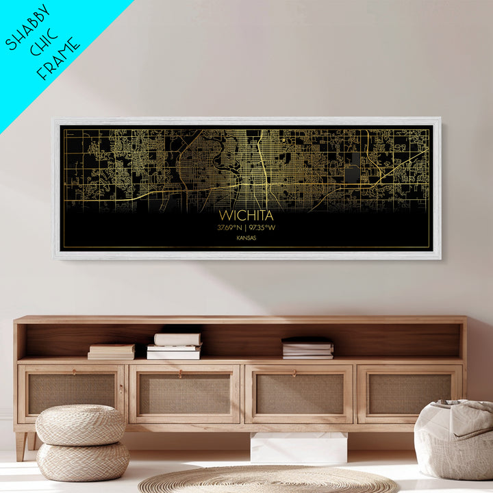 Wichita Kansas City street map, Panoramic art, black and gold, Metallic Gold Print, Metal Art, real wood frames, Housewarming Gift