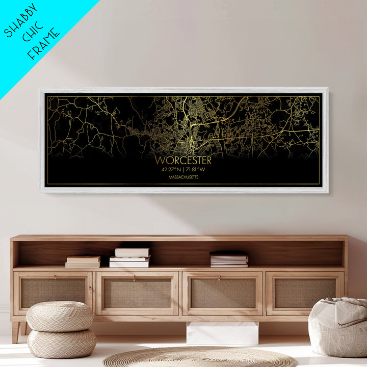 Worcester Massachusetts City Poster, Panoramic street map, black and gold, Metallic Gold Art, Metal Art, wood framed map, Office Décor