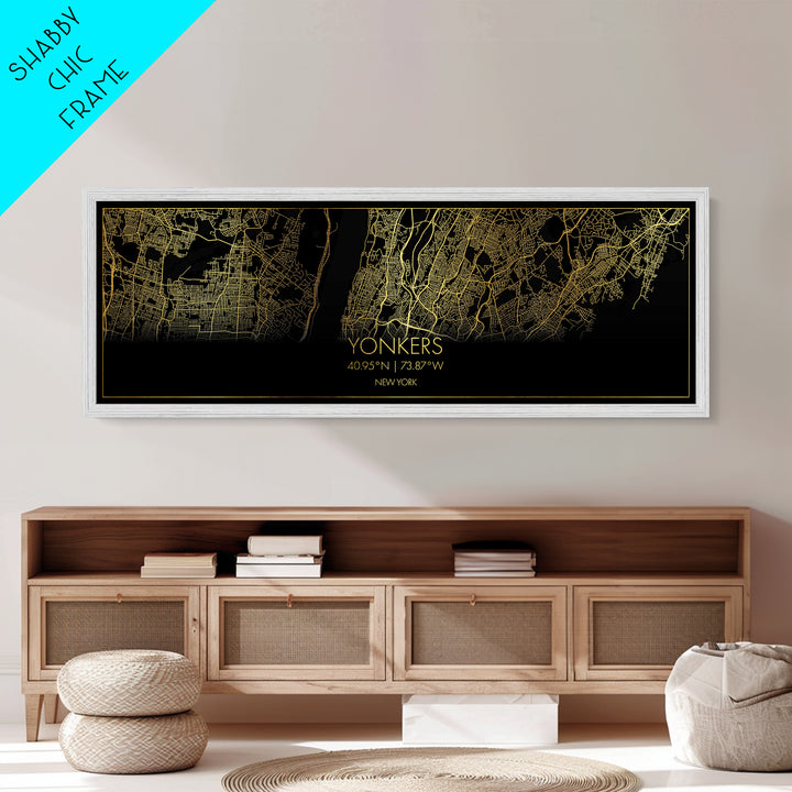Yonkers New York City street map, Panoramic art, black and gold, Metallic Gold Print, Metal Art, real wood frames, Modern House Art