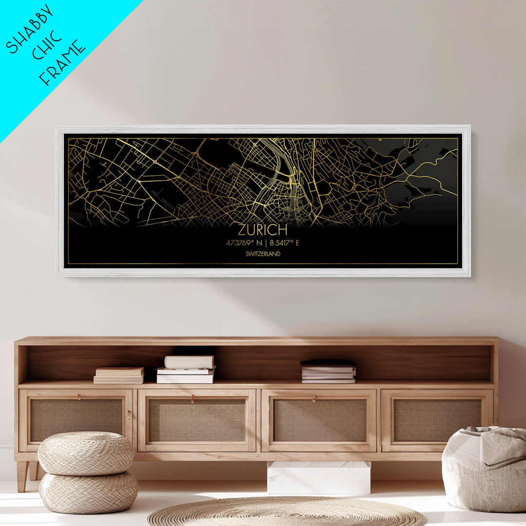 Zurich Switzerland City Poster, Panoramic street map, black and gold, Metallic Gold Art, Metal Art, wood framed map, Best Friend Gifts