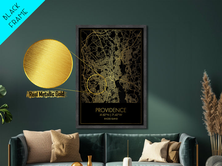 Providence Rhode Island City Poster, Metallic Gold Art, Metal Art, real wood frames, black and gold, Gold Street Map Art, Housewarming Gift