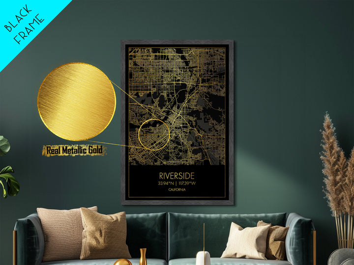 Riverside California City street map, Metallic Gold Print, Metal Art, wood framed map, black and gold, Street Map Art, College Dorm Décor