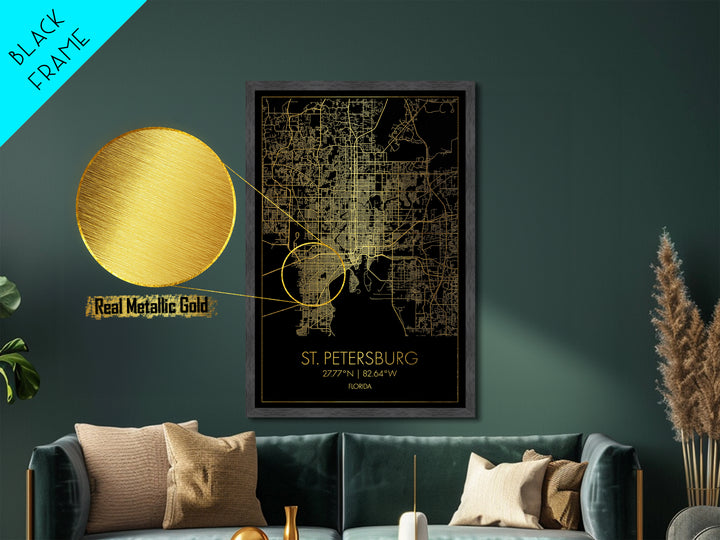 St. Petersburg Florida City Poster, Metallic Gold Art, Metal Art, real wood frames, black and gold, Map Art, Best Friend Gifts