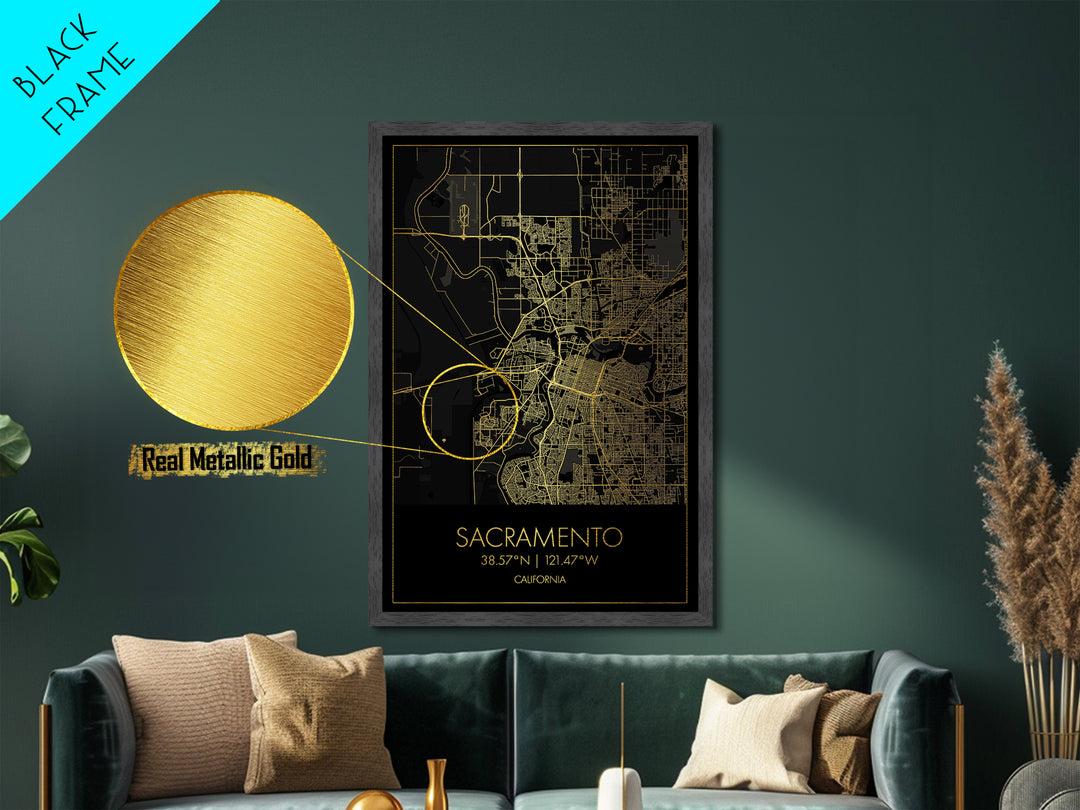 Sacramento California City street map, Metallic Gold Print, Metal Art, wood framed map, black and gold, Gold Street Map Art, Modern Wall Art