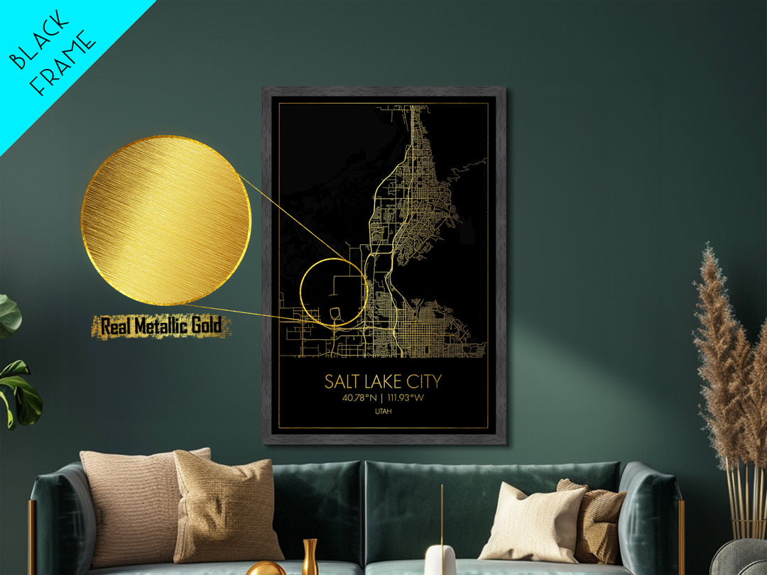 Salt Lake City Utah City Poster, Metallic Gold Art, Metal Art, real wood frames, black and gold, Map Art, Best Friend Gifts