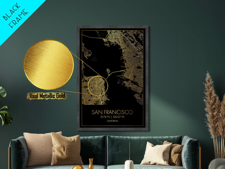 San Francisco California City Poster, Metallic Gold Art, Metal Art, real wood frames, black and gold, Gold Street Map Art, Best Friend Gifts