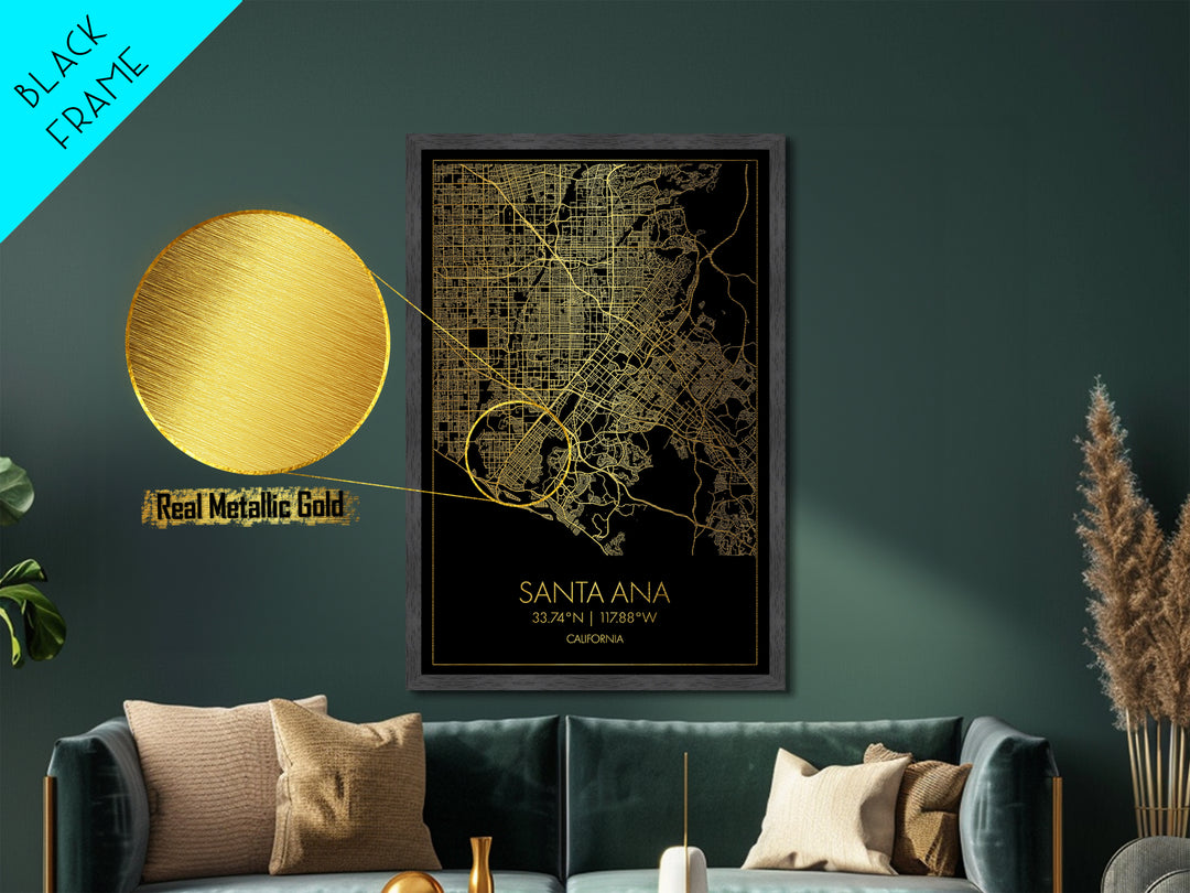 Santa Ana California City Poster, Metallic Gold Art, Metal Art, real wood frames, black and gold, Street Map Art, Modern House Art