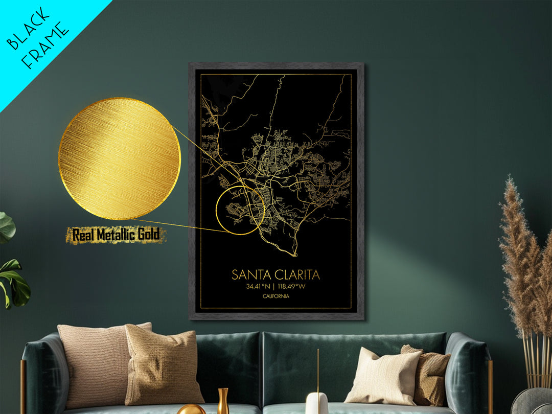 Santa Clarita California City street map, Metallic Gold Print, Metal Art, wood framed map, black and gold, Office Decor, Closing Gift