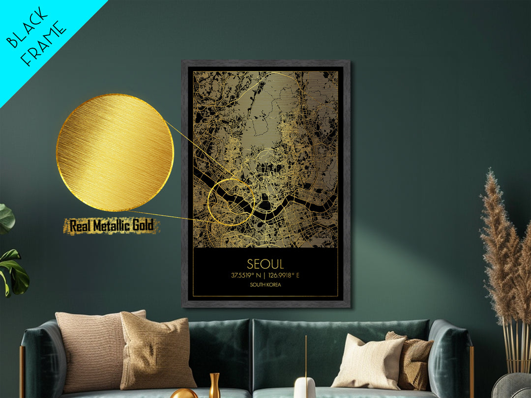 Seoul South Korea City street map, Metallic Gold Print, Metal Art, wood framed map, black and gold, Street Map Art, Office Decor