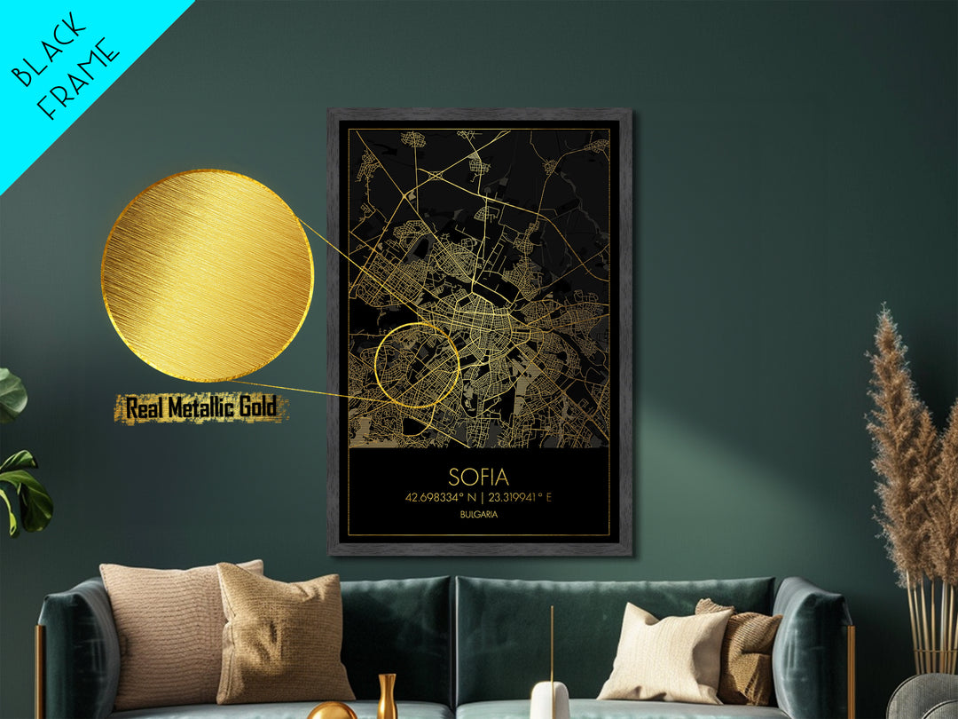 Sofia Bulgaria City street map, Metallic Gold Print, Metal Art, wood framed map, black and gold, Map Art, Housewarming Gift