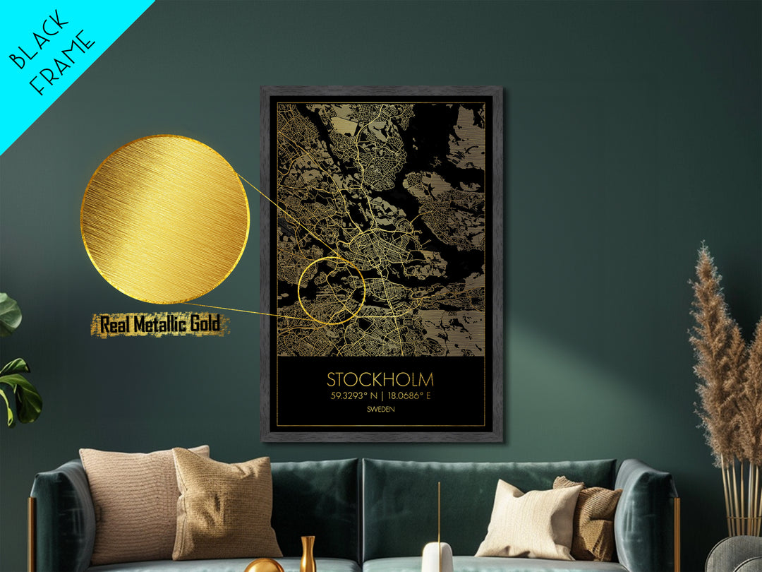 Stockholm Sweden City street map, Metallic Gold Print, Metal Art, wood framed map, black and gold, Gold Street Map Art, Modern Wall Art