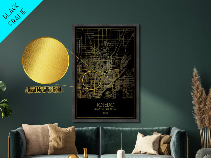 Toledo Ohio City Poster, Metallic Gold Art, Metal Art, real wood frames, black and gold, Street Map Art, Modern House Art