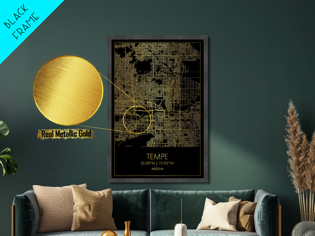 Tempe Arizona City street map, Metallic Gold Print, Metal Art, wood framed map, black and gold, Map Art, Housewarming Gift