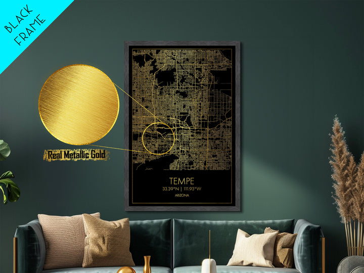 Tempe Arizona City street map, Metallic Gold Print, Metal Art, wood framed map, black and gold, Map Art, Housewarming Gift