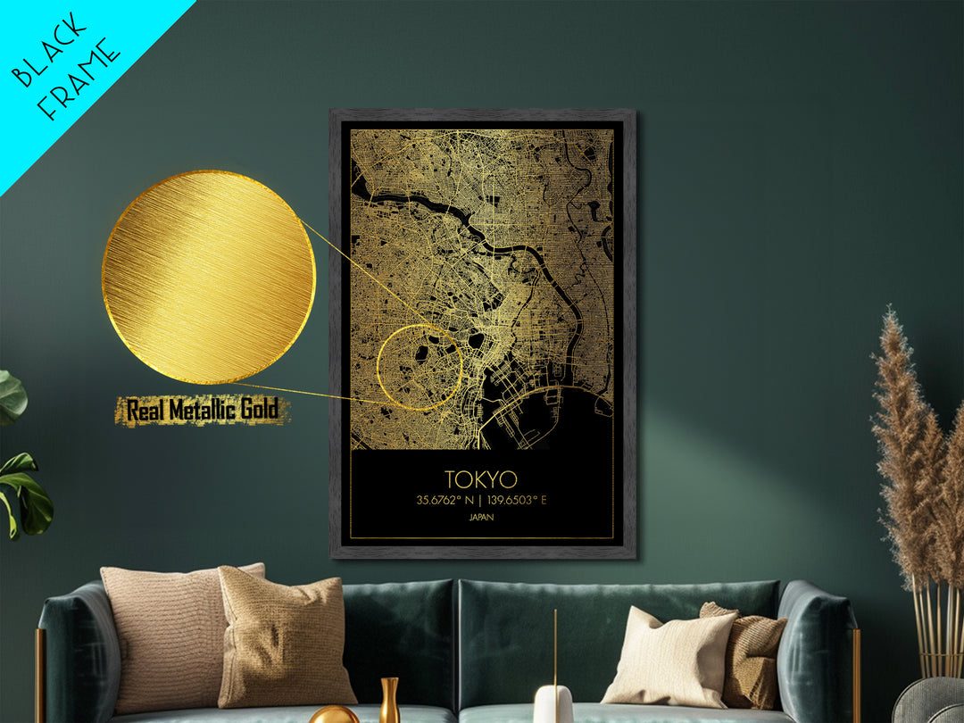 Tokyo Japan City Poster, Metallic Gold Art, Metal Art, real wood frames, black and gold, Gold Street Map Art, Modern Wall Art