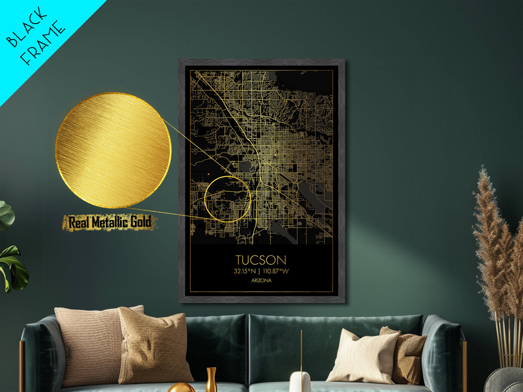Tucson Arizona City street map, Metallic Gold Print, Metal Art, wood framed map, black and gold, Map Art, Office Decor