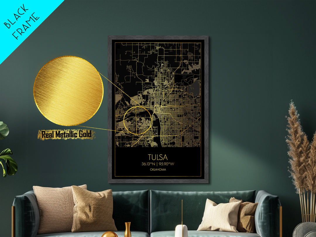 Tulsa Oklahoma City Poster, Metallic Gold Art, Metal Art, real wood frames, black and gold, Map Art, Best Friend Gifts