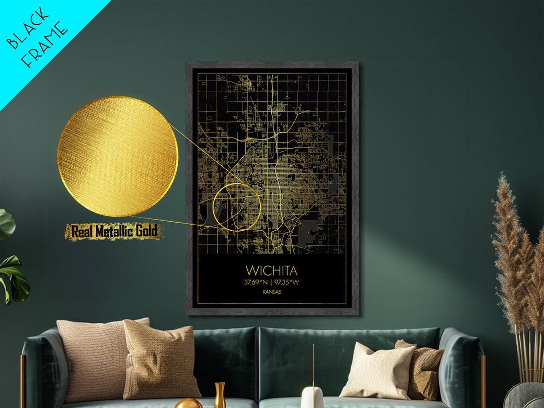 Wichita Kansas City street map, Metallic Gold Print, Metal Art, wood framed map, black and gold, Gold Street Map Art, Modern Wall Art