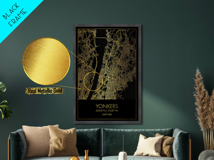 Yonkers New York City Poster, Metallic Gold Art, Metal Art, real wood frames, black and gold, Gold Street Map Art, Best Friend Gifts