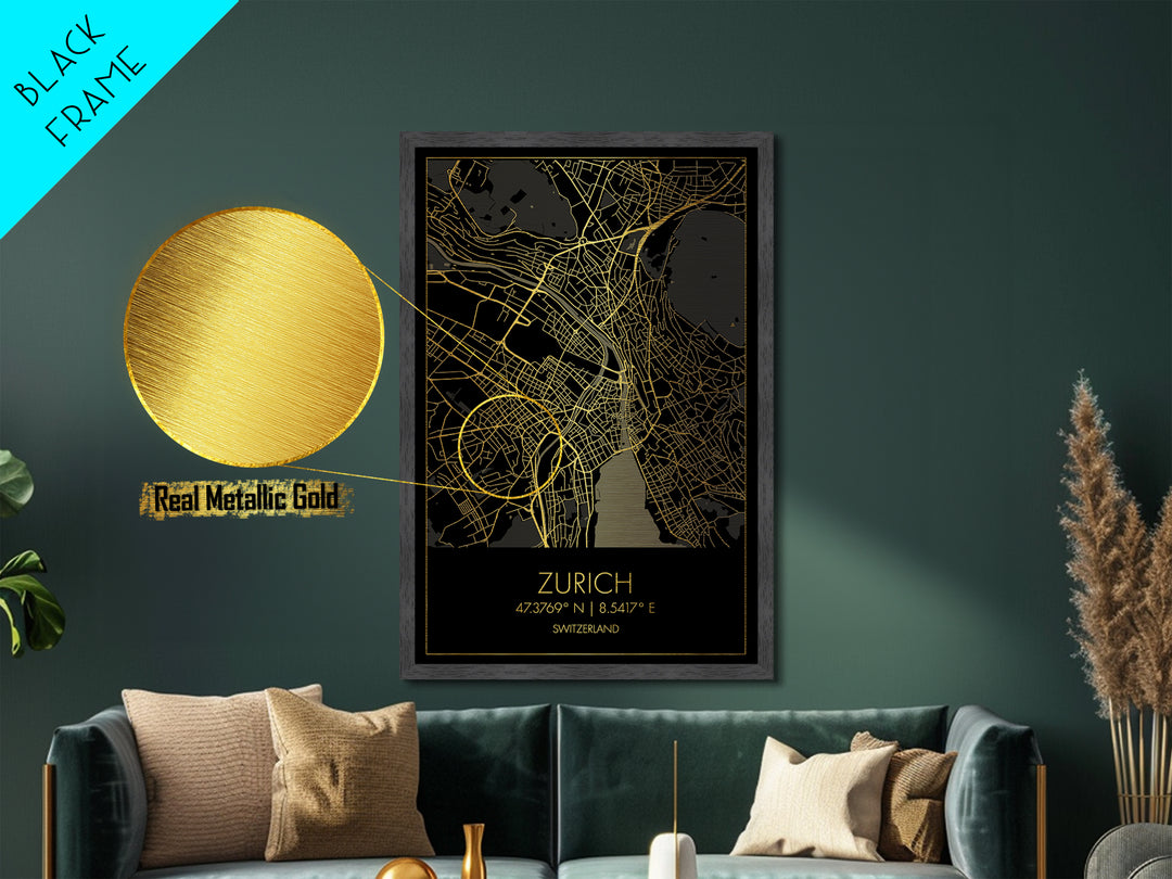 Zurich Switzerland City street map, Metallic Gold Print, Metal Art, wood framed map, black and gold, Minimalist Wall Art, College Dorm Décor