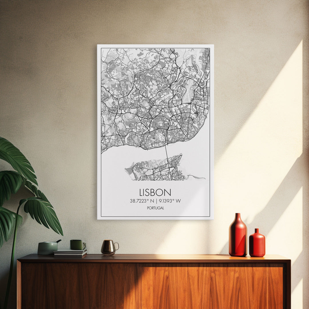 Lisbon Street Map, Portugal Map, City Map Art, Modern Wall Art, Wall Art, Canvas Print, Travel Décor, Above Bed Art, Gift For Couples
