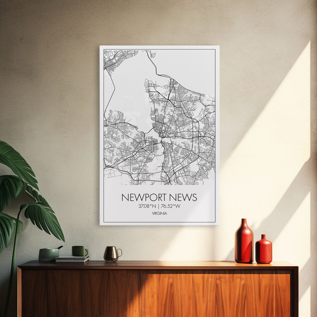 Newport News Street Map, Virginia Map, City Map Art, Modern Art, Wall Art, Canvas Print, Home Wall Décor, Girl Graduation Gift, Travel Art