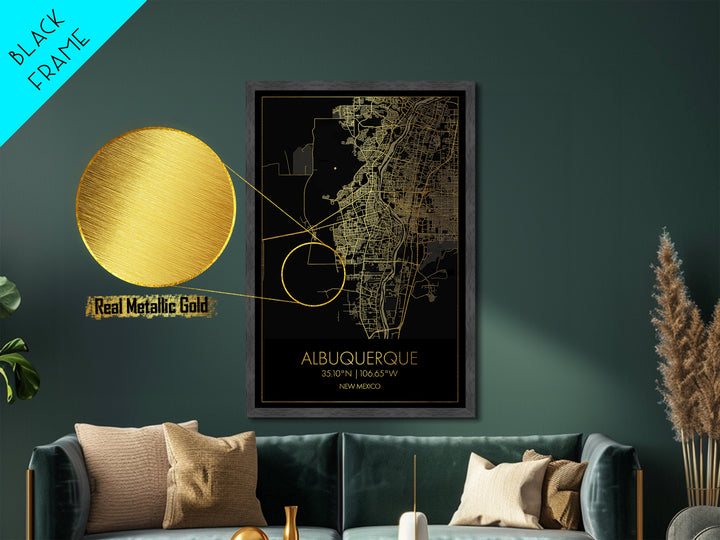 Albuquerque New Mexico City street map, Metallic Gold Print, Metal Art, wood framed map, black and gold, Map Art, Office Decor