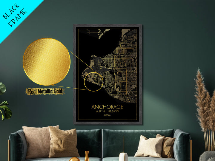 Anchorage Alaska City street map, Metallic Gold Print, Metal Art, wood framed map, black and gold, Street Map Art, Office Decor