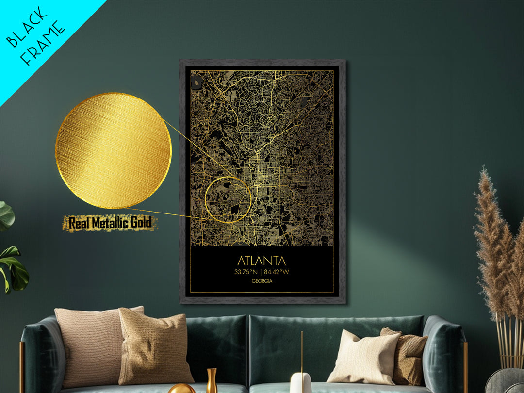 Atlanta Georgia City Poster, Metallic Gold Art, Metal Art, real wood frames, black and gold, Street Map Wall Art, Closing Gift