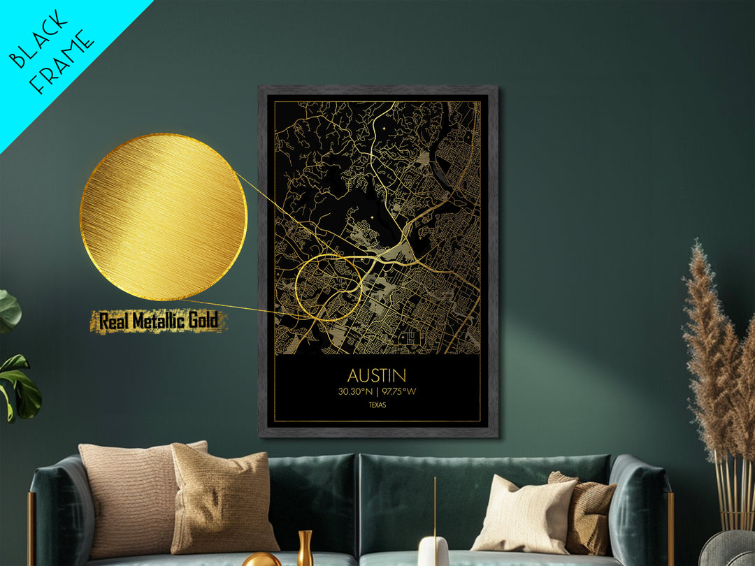 Austin Texas City Poster, Metallic Gold Art, Metal Art, real wood frames, black and gold, Street Map Art, Modern House Art