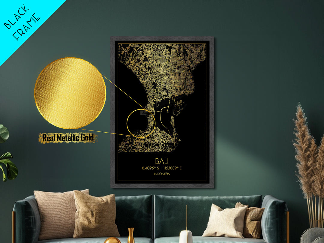 Bali Indonesia City Poster, Metallic Gold Art, Metal Art, real wood frames, black and gold, Map Art, Best Friend Gifts