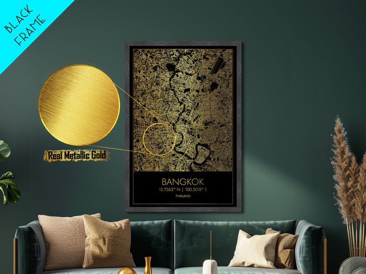 Bangkok Thailand City Poster, Metallic Gold Art, Metal Art, real wood frames, black and gold, Minimalist Wall Art, Map Print Poster