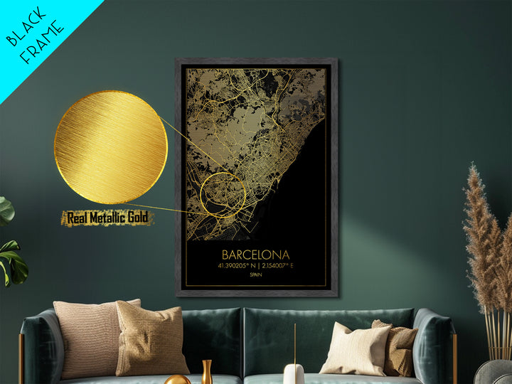 Barcelona Spain City street map, Metallic Gold Print, Metal Art, wood framed map, black and gold, Street Map Art, Office Decor