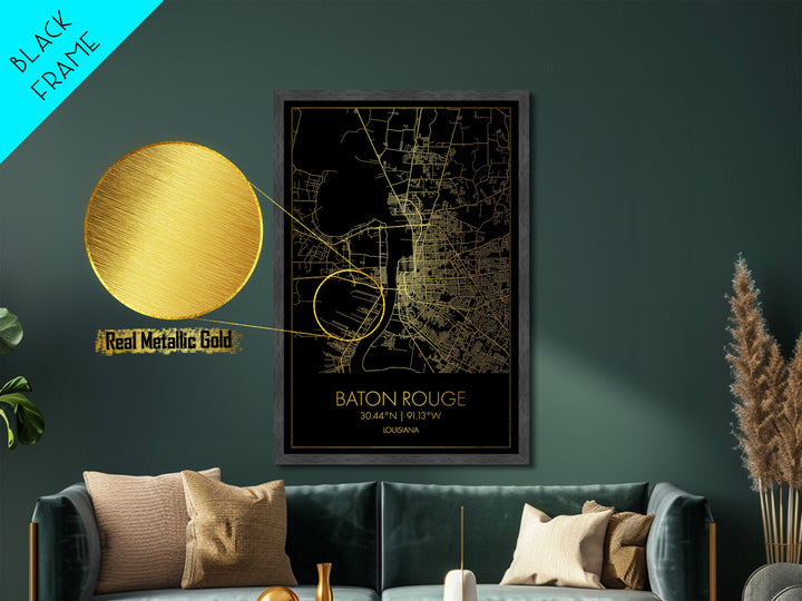 Baton Rouge Louisiana City Poster, Metallic Gold Art, Metal Art, real wood frames, black and gold, Map Art, Best Friend Gifts