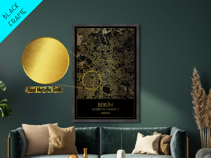 Berlin Germany City Poster, Metallic Gold Art, Metal Art, real wood frames, black and gold, Street Map Wall Art, Closing Gift
