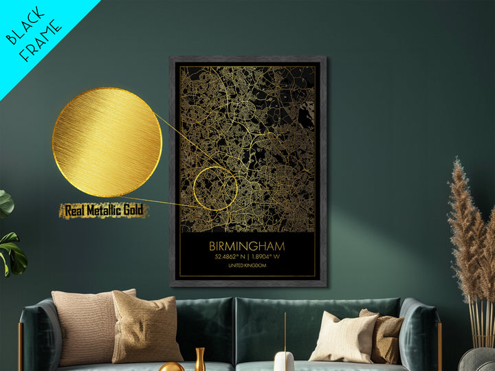 Birmingham United Kingdom City Poster, Metallic Gold Art, Metal Art, real wood frames, black and gold, Gold Street Map Art, Best Friend Gift