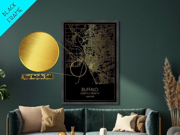 Buffalo New York City street map, Metallic Gold Print, Metal Art, wood framed map, black and gold, Street Map Art, Office Decor