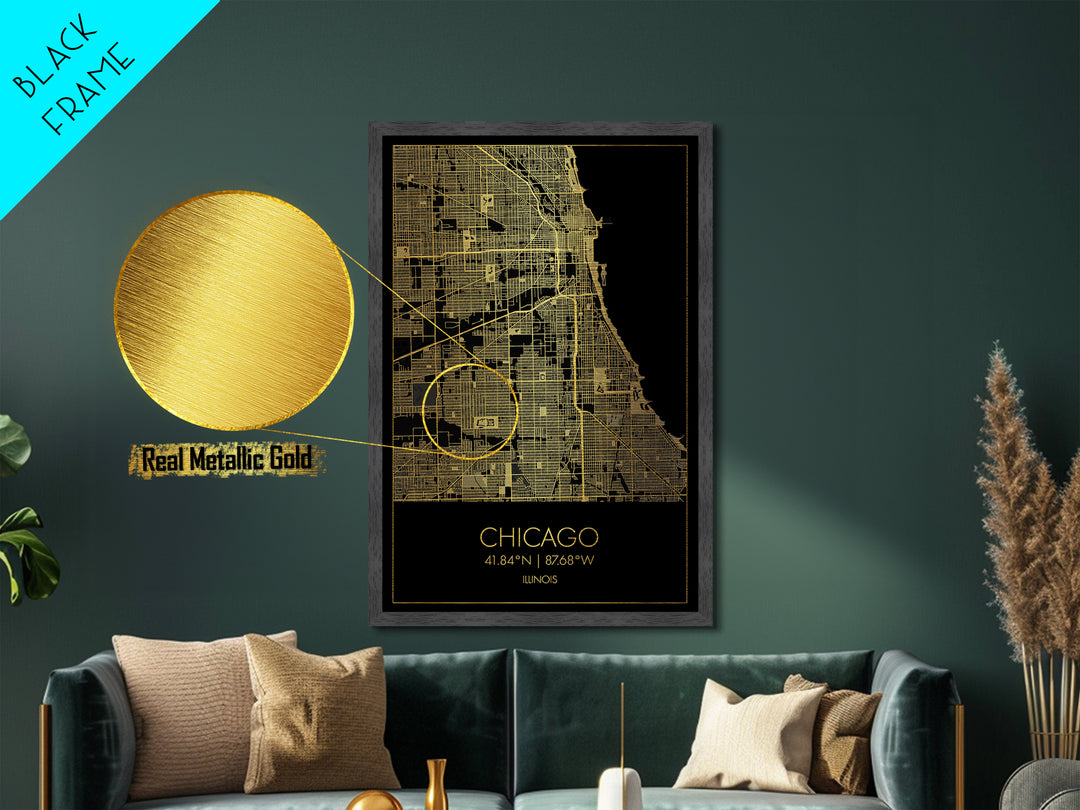 Chicago Illinois City street map, Metallic Gold Print, Metal Art, wood framed map, black and gold, Gold Street Map Art, Modern Wall Art