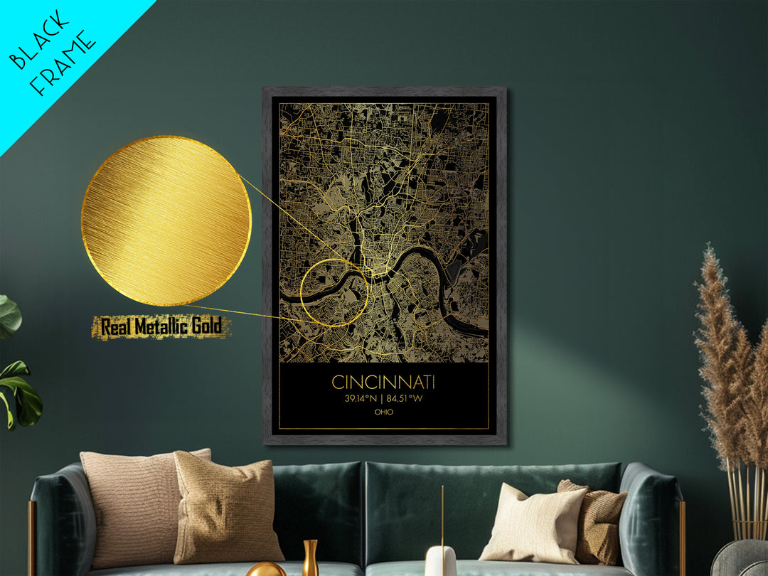 Cincinnati Ohio City Poster, Metallic Gold Art, Metal Art, real wood frames, black and gold, Map Art, Best Friend Gifts
