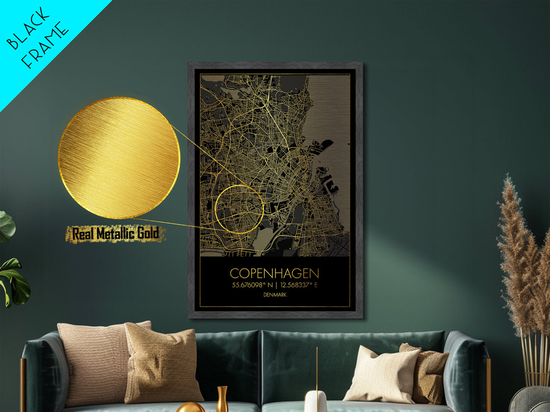 Copenhagen Denmark City Poster, Metallic Gold Art, Metal Art, real wood frames, black and gold, Map Art, Best Friend Gifts
