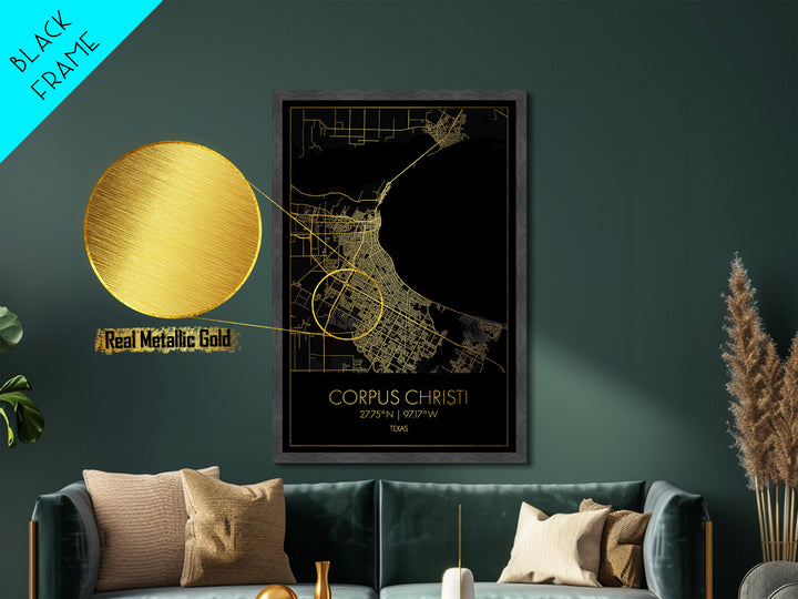 Corpus Christi Texas City street map, Metallic Gold Print, Metal Art, wood framed map, black and gold, Gold Street Map Art, Modern Wall Art