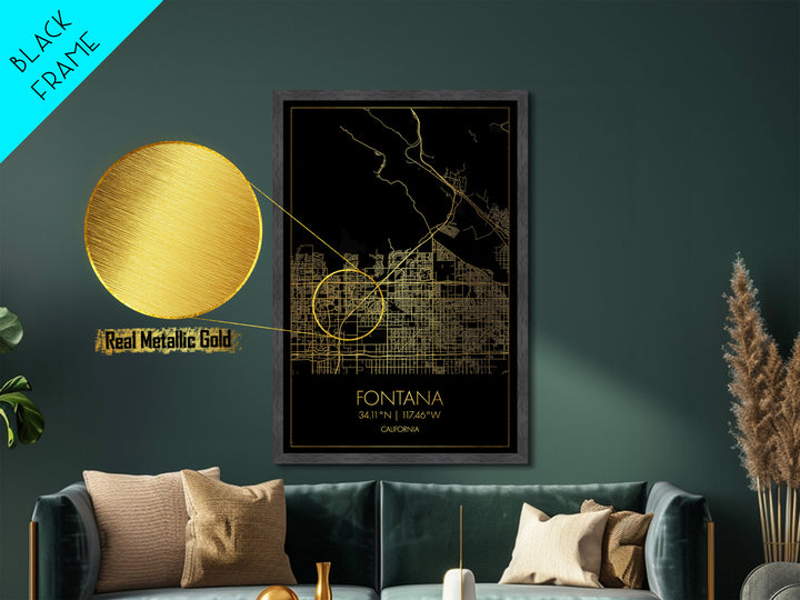 Fontana California City street map, Metallic Gold Print, Metal Art, wood framed map, black and gold, Gold Street Map Art, Modern Wall Art