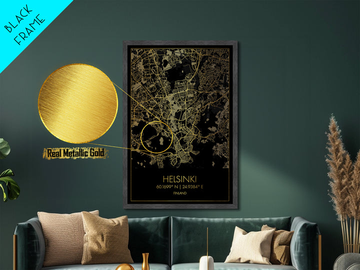 Helsinki Finland City Poster, Metallic Gold Art, Metal Art, real wood frames, black and gold, Minimalist Wall Art, Map Print Poster