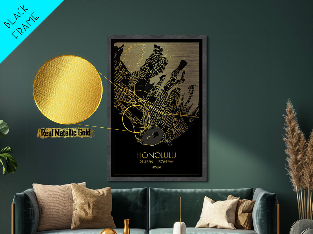 Honolulu Hawaii City Poster, Metallic Gold Art, Metal Art, real wood frames, black and gold, Minimalist Wall Art, Map Print Poster