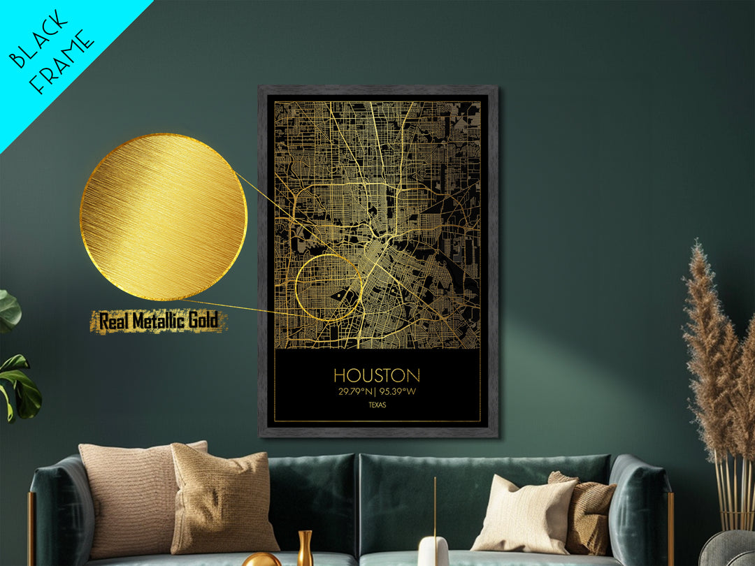 Houston Texas City street map, Metallic Gold Print, Metal Art, wood framed map, black and gold, Street Map Art, Office Decor